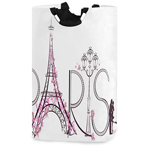 visesunny Tower Eiffel With Paris Lettering Large Laundry Hamper with Handle Foldable Durable Clothes Hamper Laundry Bag Toy Bin for Bathroom, Bedroom, Dorm, Travel