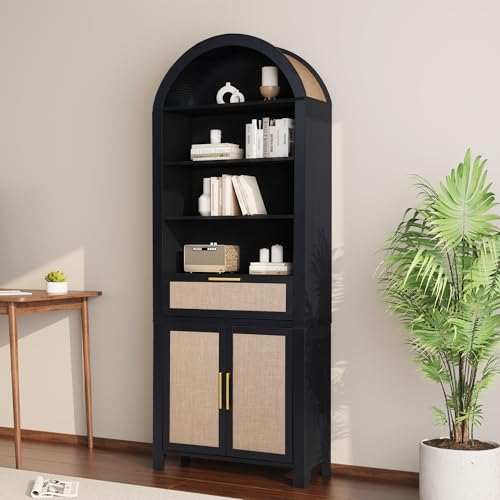 Image of Janmer Home 79" Tall Arched Bookcase with Storage, Mid Century Modern 6-Tier Cabinet with Door and Drawer, Arched Bookshelf with Open Display Shelf for Office Living Room(Black, 79inch-Doors)