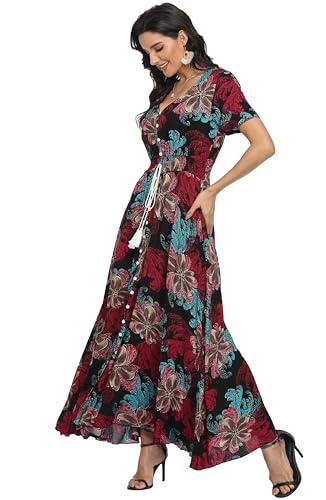 Image of VintageClothing Women's Floral Maxi Dresses Boho Button Up Split Summer Casual Long Dress Beach Party Dress