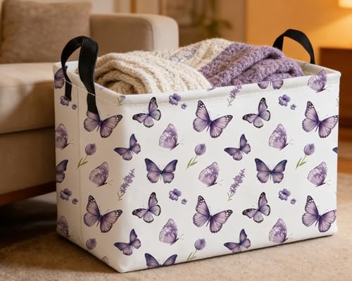Image of Essme Rectangular Kids Baskets,Butterfly Storage Box,Cute Basket for Kids with Handles for Room Decor, Book Bins.(Purple butterfly)