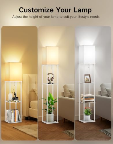 Image of OUTON Floor Lamp with Shelves, Modern Square Standing Shelf Lamp, White | 3 Color Temperature Bulb, Storage Display Wood Column Tall Bookshelf Lamp for Living Room, Bedroom Office