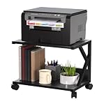 Huhote 2 Tier Desktop Printer Stand, Under Desk Printer Table, Multi-Purpose Desktop Storage and Organize, Wood Printer Stand with Wheels for A5 Folders Scanner Fax Machine Microwave Oven (Black)