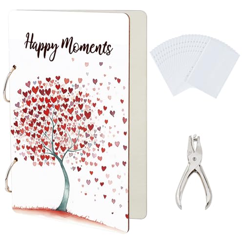SUPERDANT Album Carte Postale de Vœux Happy Moments Motif Arbres et Amour Classeur en Bois Porte Costumes Livre avec Pochette Intérieure à 2 anneau et Perforatrice 24x16cm