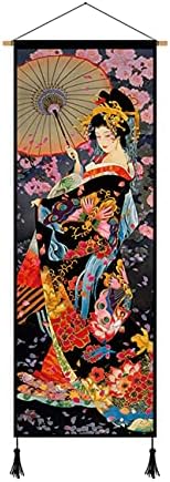 UXOWOXU Japanese Style Wall Art Wooden Framed Geisha Hanging Poster - Kimono Beauty Picture Canvas Prints for Home Decoration Ready to Hang 18"x47"