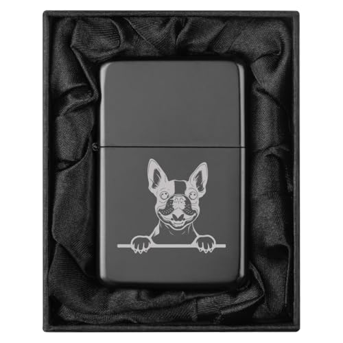 Encendedor en caja de seda negra con diseño perro Boston Terrier miniatura 1