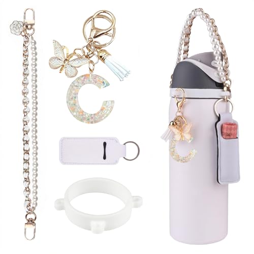 Image of RONGFY Letter Accessories for Owala Water Bottle 24/32/40oz,Initial Charm、Lipstick Holder and Handle Strap for Owala and Stanley Cup Accessories (C, White)