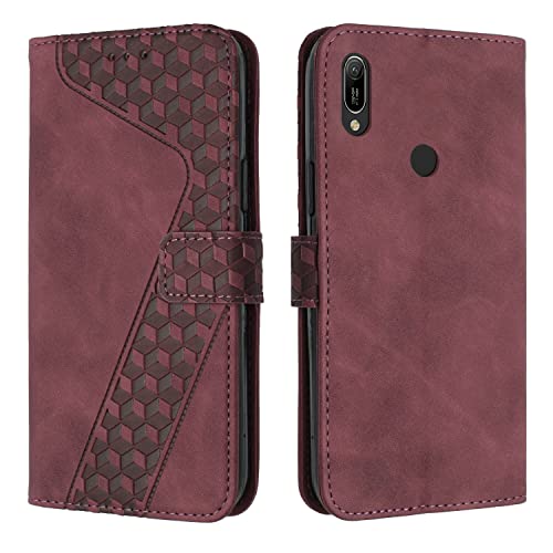 OKZone Kompatibel mit Huawei Y6 2019/Honor 8A/Y6 Prime 2019 Hülle, PU Leder Handyhülle Tasche Wallet Schutzhülle Flip Cover Klappbar Stoßfeste Etui mit Magnet Kartenfach TPU Lederhülle (Rot)