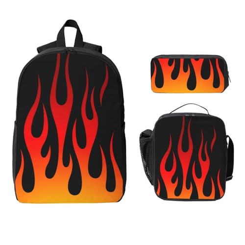 Retro Traditional Hot Rod Flames 3-Piece Backpack Set – Lightweight backpack, Insulated Lunch Bag & Pencil Case, Durable Oxford for Travel/Work2