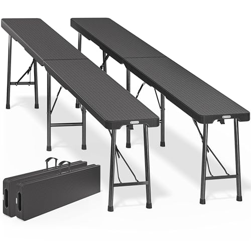 Casaria® 2er Set Bierbank Klappbar 8 Personen Rattanoptik 183cm Kunststoff Klappbank Faltbar Campingbank Bierbänke Bierbankgarnitur Gartenbank Schwarz