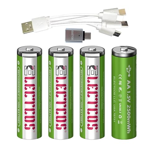 ELECTCOS LLC USB Rechargeable AA Batteries, 4-Pack, Lithium Ion 1.5v 2500 mWh / 1667 mAh, Quick