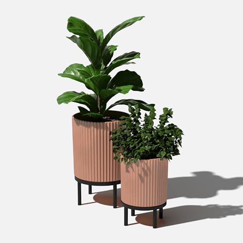 Image of Veradek Demi Series Raised Duo Planters - Set of 2 Planters with Stands | Made From a Durable Plastic-Stone Composite & Comes With Wooden Stand. Modern Porch /Patio Decor