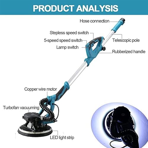 Powerful Electric Drywall Sander 1800W with Swivel Head, LED Light, Long Handle, 5-Speed Adjustable, Includes 20 Sanding Disks – Ideal for Smooth Wall Finishing