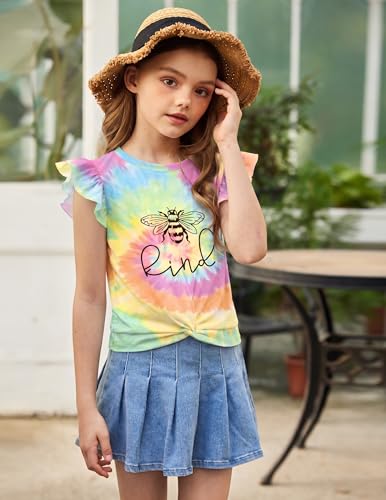 Image of Arshiner Girls Shirt - Short-Sleeve Twist Front T-Shirt for Girls with Cute Flying Sleeves - Summer Blouse Tunic Tee Tops
