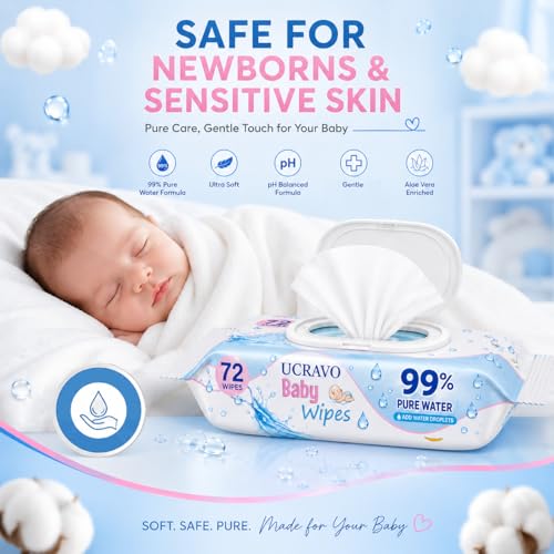 Image of UCRAVO Pack of 6 Soft Baby Wipes Water Based Formula 432 Pulls Pure Water Wet Tissue for Sensitive Skin Care Alcohol Free Paraben Free Moisturizing Cleansing Wipes with Fresh Lock Lid (72 Each Set)
