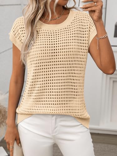 Image of Womens Crochet Cap Sleeve Sweater Summer Crew Neck Casual Hollow Out Knit Tops Pullover Trendy Beach Cover Ups Outfits