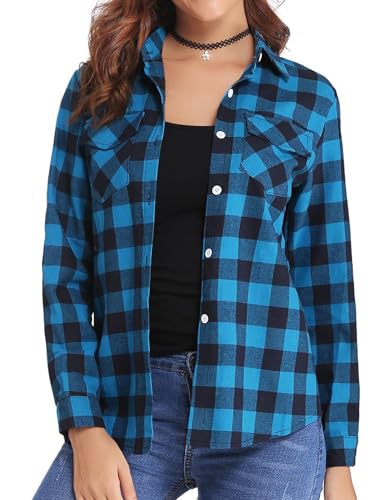 Aottori Women Flannel Checked Shirt Ladies Long Sleeve Cotton Casual Plaid Shirts V Neck Button Down Blouse Top with Pockets Blue M