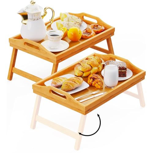 Avilia Vassoio Colazione a Letto in Bambù con Impugnature e Gambe Pieghevoli - Perfetto per Mangiare Comodamente a Letto - 50x30x21cm