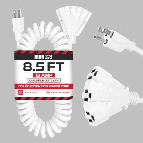 Iron Forge Cable 8 ft White Coiled Extension Cord with Multiple Outlets - 16/3 SJEOW Oil Resistant & Flame Retardant 3 Prong 13 Amp 3 Outlet Coiled Power Cord Pigtail for Indoor or Outdoor Use