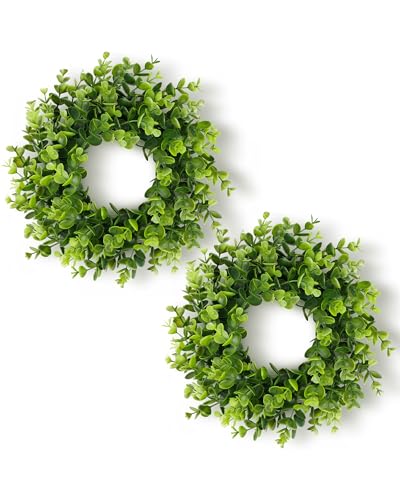 DDHS 11 Inch Artificial Boxwood Small Wreath for Front Doors 2 Packs Green Leaves Wreath Spring Summer Mini Wreaths for Indoor Outdoor Hanging Wall Window Wedding Home Decor Party Farmhouse