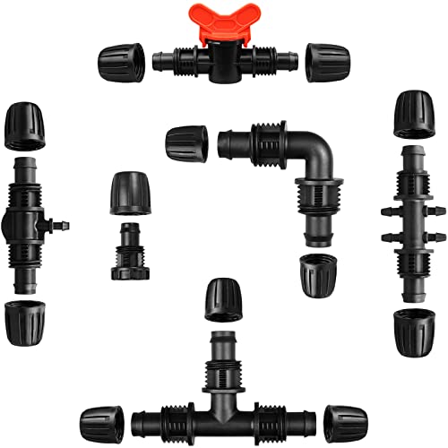 Drip Irrigation Fittings Kit For 1/2 Inch Tubing(0.6-0.63" Od), 20 Pcs Drip Line Connectors For Drip Systems - 4 Tees,3 Switch Valves,4 Barbed T Connectors,3 Barbed 6 Way Connectors,4 End Cap,2 Elbows #TOP4