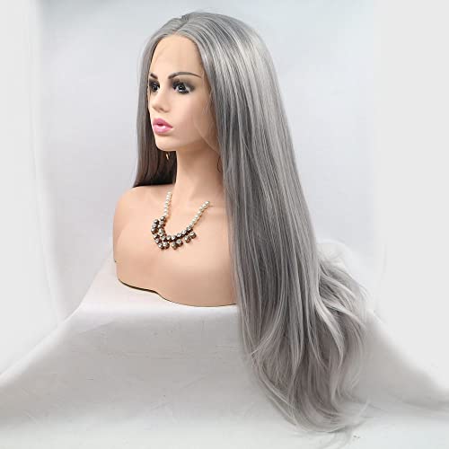 Xiweiya 13 * 3 Lace Wigs Platinum Grey Synthetic Lace Front Wig Blonde White Hair Tips Long Natural Straight Wig for Fashion Women Wear Heat Resistant Fiber Natural Hairline Halloween Cosplay Wigs - Image 2