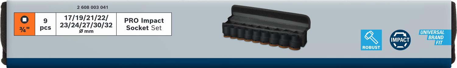 Bosch Juego de 9 llaves de vaso Pro Impact (63 x 56 mm, accesorios profesionales para taladro y destornillador)