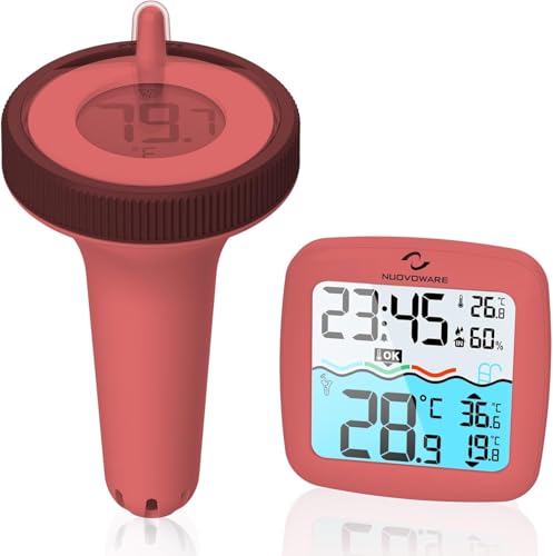 Nuovoware Digital Floating Pool Thermometer, Wireless Thermometer with Easy Read Screen Display, Remote Water IPX8 Waterproof for Swimming Pools, Fish Tank, Hot Tub, Red