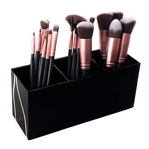 Super Z Outlet Cosmetic Makeup Organizer for Lipstick, Eyeliner Brushes, Lip Pencil Display Rack 3 Slot Vanity Top Holder (Black Gold)