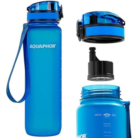 Nakii Filtered Water Bottle, Leakproof, BPA-Free, Motivational Markings, Travel, Everyday Use. 40-Gallon Filter, Replaces 300 Plastic Water Bottles. Includes 1 Filter, 34 FL Oz, Blue by Aquaphor Cover