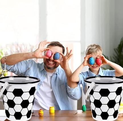 SOL MAR Easter Pails 8.375x7.875in Soccer Sports Bucket with Handle Easter Party Decor Egg Hunts Event Carry Storage Candy and Gifts Basket Supplies 2Pk Bonus Plithers
