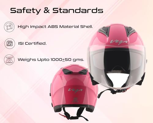 Image of Vega VO 03 Swift Dual Visor Open Face Motorcycle Helmet with Lightweight Shock-Absorbing Shell, Comfortable Interior, Ventilated Fit, Trendy Pink Styling Pink L