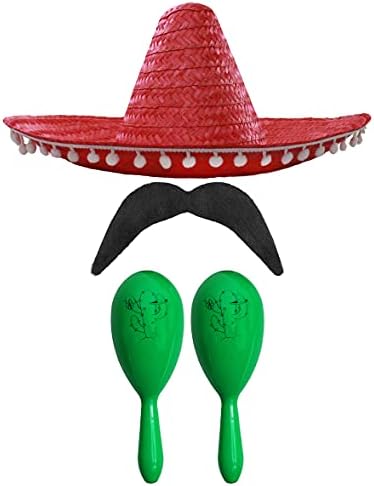 MEXICAN FANCY DRESS ACCESSORY SET - MEXICAN SOMBRERO WITH MARACAS AND TASH BLACK POM POM SOMBRERO + 2X GREEN MARACAS