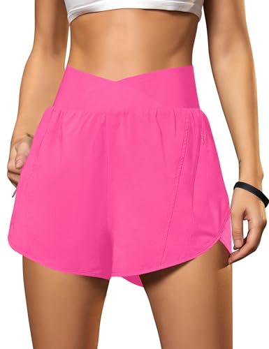 Blooming Jelly Women's Workout Shorts Athletic Running Crossover High Waisted Gym Sport Yoga Shorts with Zipper Pockets (Hot Pink,Small)