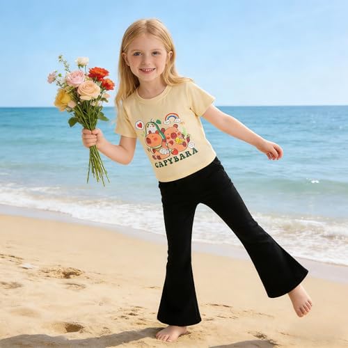 Image of Ayzozuy Tween Girls 2 Piece Outfits Short Sleeve Cartoon Graphic T-Shirt & Flared Pants Kids Clothing Set Size 8-13 Years