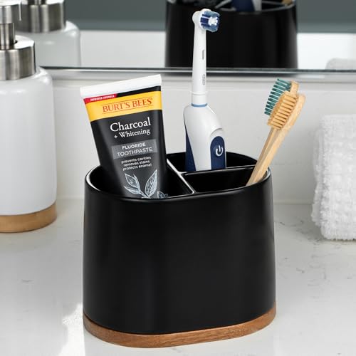 DAILY RITMO® Large Black Toothbrush Holder for Bathrooms with Bamboo