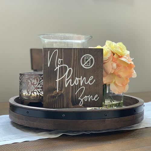 Funny Wooden Sign - No Phone Zone Table Wood Sign - Turn Phones Off - Dining Room Wood Sign - Kitchen Wood Sign Family Life Sign,Decorative Plaque,5x5 inch,Fun Rustic Wood Signs