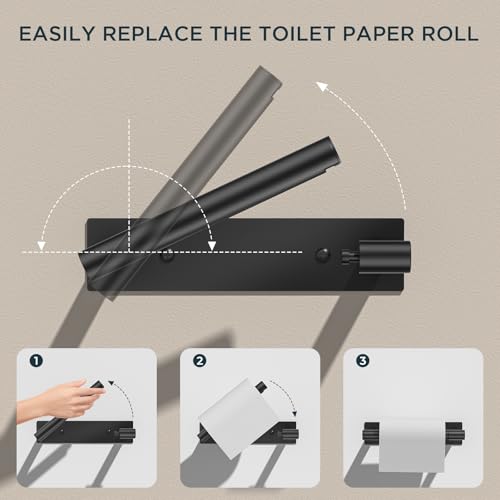 FORIOUS Black Toilet Paper Holder, Adhesive or Wall Mounted Options, Stainless Steel Rustproof Stick on no Drilling Double Post Pivoting Toilet Tissue Roll Holder Wall Mount for Bathroom, Matte Black by FORIOUS - Image 3