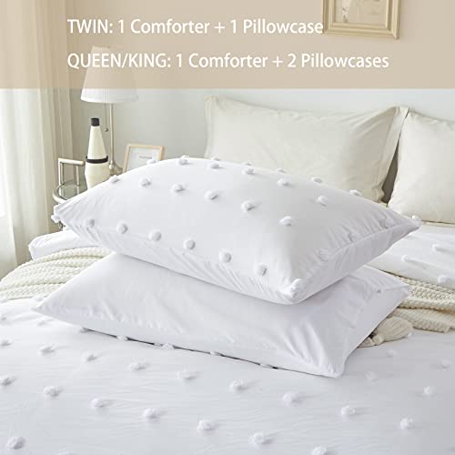 Flymme White Tufted Dots Comforter Set Queen Size 3 Pieces, Boho Pom Pom Comforter With 2 Pillowcases, Shabby Chic Tufts Comforter For All Season, Solid Soft Microfiber Boho Bedding For Women Girls #TOP4