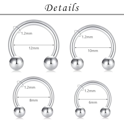 16G Hinged Clicker Segment Septum Rings Stainless Steel Nose Horseshoe Hoop Eyebrow Lip Cartilage Helix Tragus Earrings Piercing Jewelry 6/8/10/12mm Replacement Balls 3mm2