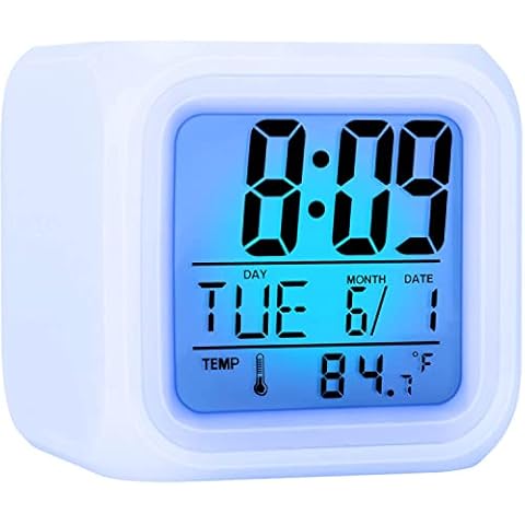 Kids Digital Alarm Clock, 7 Color Night Light, Snooze, Temperature Detect for Toddler, Children Boys and Girls, Students to Wake up at Bedroom, Bedside, Batteries Operated Cover
