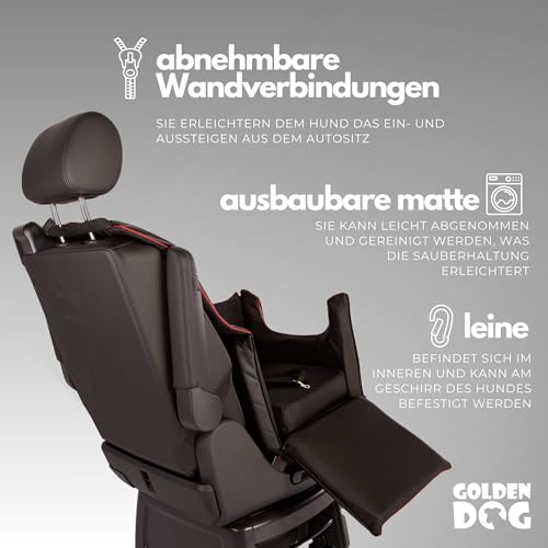 Golden Dog - Transportbox Hund mit Sicherheitsgurt M-52x44x33 cm - Leder Imitation Autositz Hund, Wasserdicht Hundesitz Auto - Beifahrersitz Hundebox Faltbar - Anschnallgurt Hundekorb Auto Schwarz