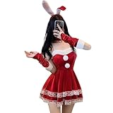 [DECEED] サンタ コスプレ うさぎ 可愛い バニーガール サンタコス 衣装 サンタクロース 仮装 レディース クリスマス コスチューム ミニスカサンタ 女性 5点セット 4色選択可能（レッド、Lサイズ）
