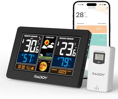 Raddy N75 Wi-Fi Weather Station with App Control, 7.5" Wireless Indoor/Outdoor Thermometer, Accurate Weather Forecast, Network Time, Frost Alert, Adjustable Brightness – Ideal for Canadian Climate