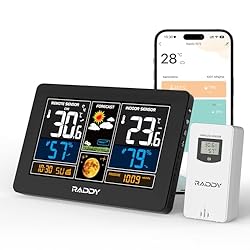 Raddy N75 Estación meteorológica Wi-Fi con sensor ...: Monitoreo de aplicaciones: conéctese fácilmente a Wi-Fi y acceda a datos meteorológicos en tiempo real a través de la aplicación Tuya, que también permite el análisis de tendencias de datos de hasta un año. Manténgase informado fácilmente sobre las c...