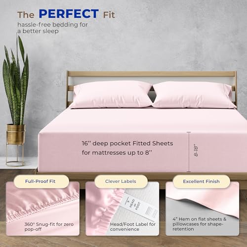 Image of THREAD SPREAD Egyptian Cotton Sheets Queen Size - 1000 Series High Thread Count Cotton Queen Sheet Set (6 PC, Blush), 16 inch Snug Fit Deep Pocket, Cooling, Sateen Weave, Ultra-Soft Hotel Luxury Sheets