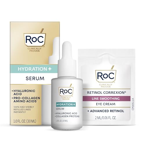 Roc Skincare Reviews: Effective Retinol Solutions for Wrinkles and Aging 8 RoC Hydration+ Hyaluronic Acid Serum for Face, Hydrating, Plumping, Fragrance Free, Lightweight Formula with Collagen Proteins (1 Ounce) with Retinol Eye Cream Packette