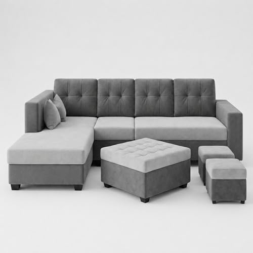Image of FURNY Nathan 8 Seater L Shape Sofa Set LHS (Light Grey-Dark Grey) | Suede Velvet Finish | Durable Comfort Sofa for Modern Living Room & Office Spaces