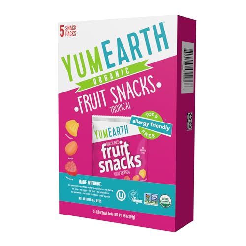 YumEarth Organic Assorted Tropical Flavor Fruit Snacks - Allergy Friendly (Top 9 Free), No Artificial Dyes or Flavors, Non GMO, Gluten Free, Vegan Candy Snacks - 0.7 Ounce (Pack of 5)