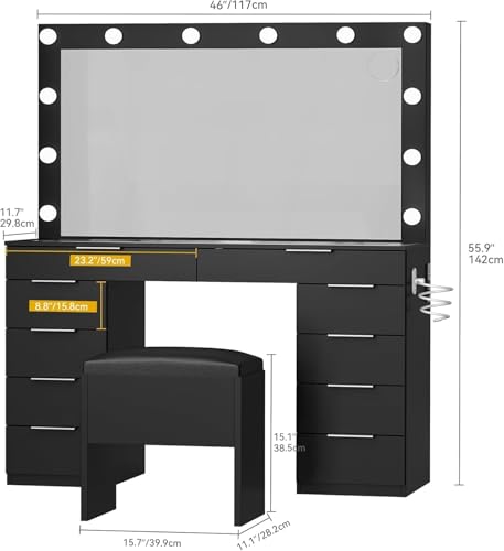Image of DWVO 10 Drawer Large Makeup Vanity Table with Glass Top, LED Mirror, Charging Station & Cushioned Storage Stool, 46-Inch Dressing Desk Set with 3 Lighting Modes Brightness Adjustable, Dark Black