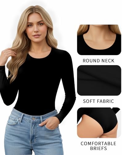 MANGOPOP Round Neck Long Sleeve Short Sleeve Bodysuits for Women Basic Body Suit Shirts Tops
